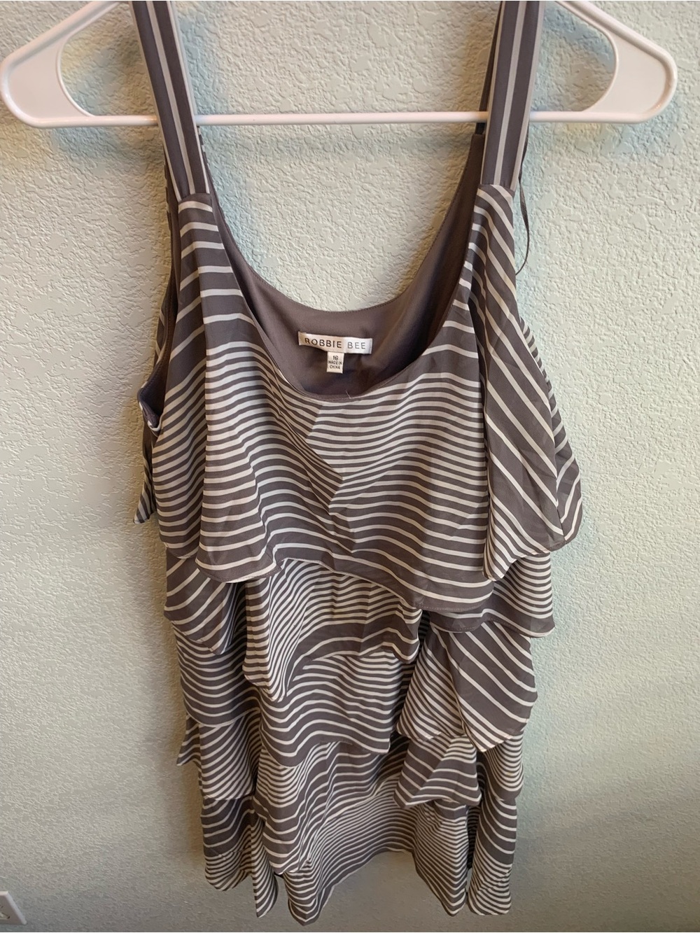 Robbie Bee Gray & White Striped Ruffle Dress